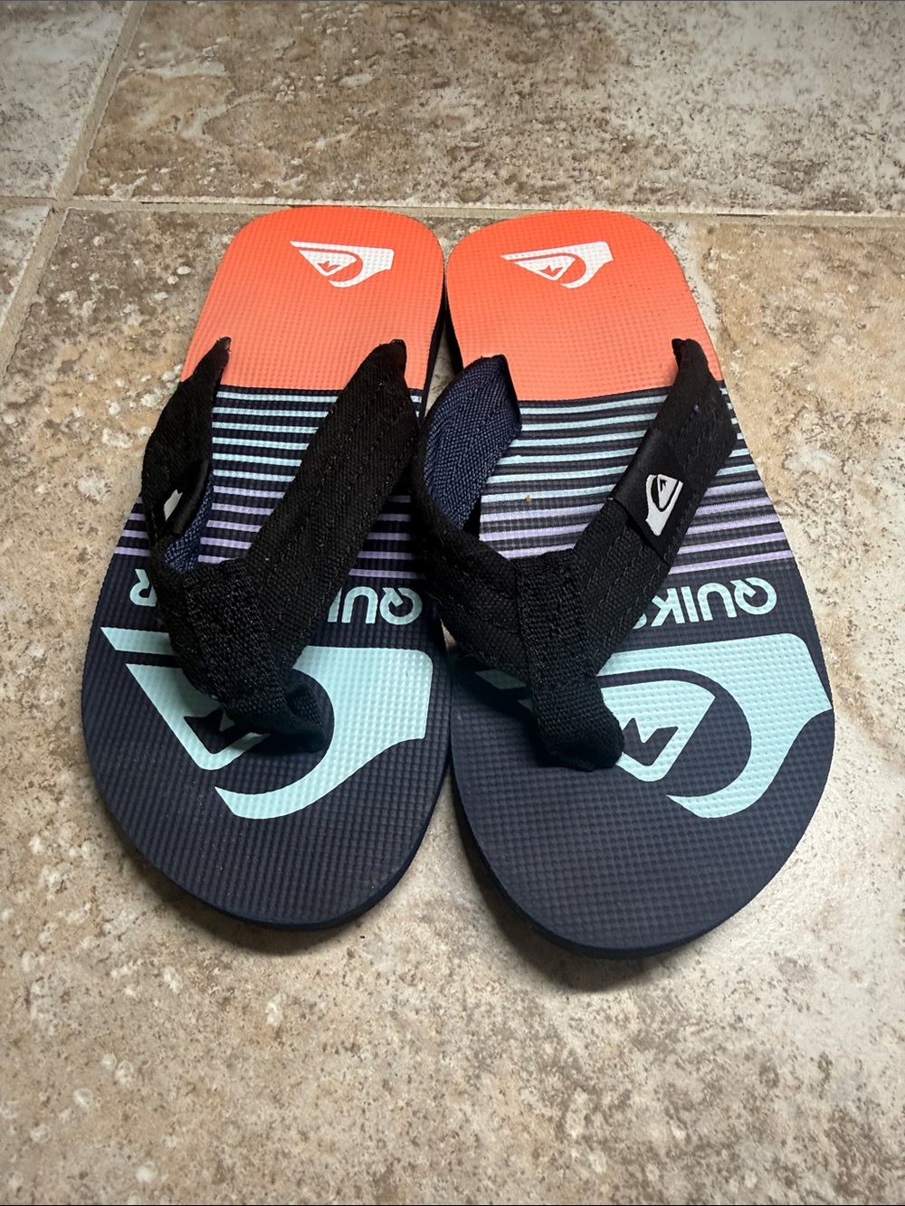 Quiksilver Boys Orange Black Aqua Logo Flip Flops